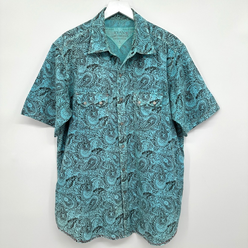 Ryan Michael Shirt Mens Size Large 100%‎ Cotton Pool Blue Paisley Western Rodeo